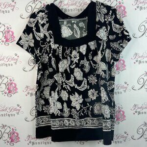 Addition Elle top shirt tshirt paisley flowers Black and White Floral Blouse